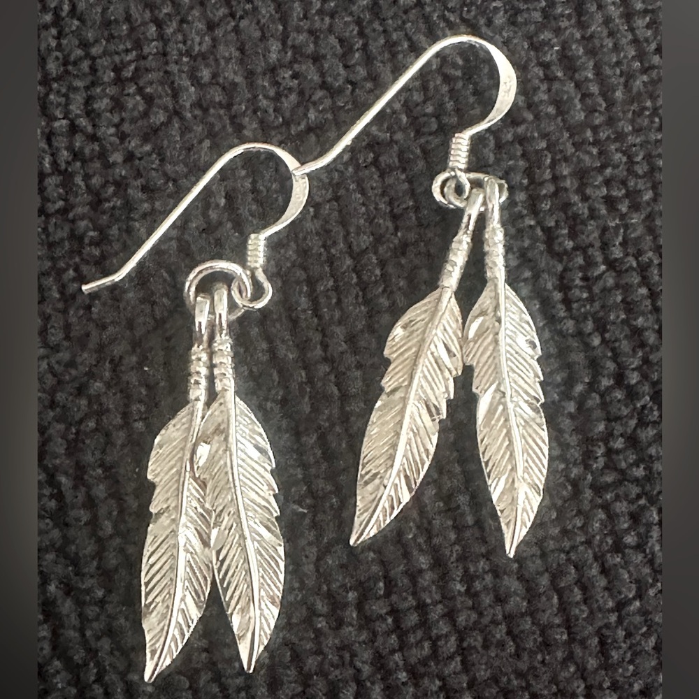 Double Feather Dangle Sterling Silver Earrings - image 1